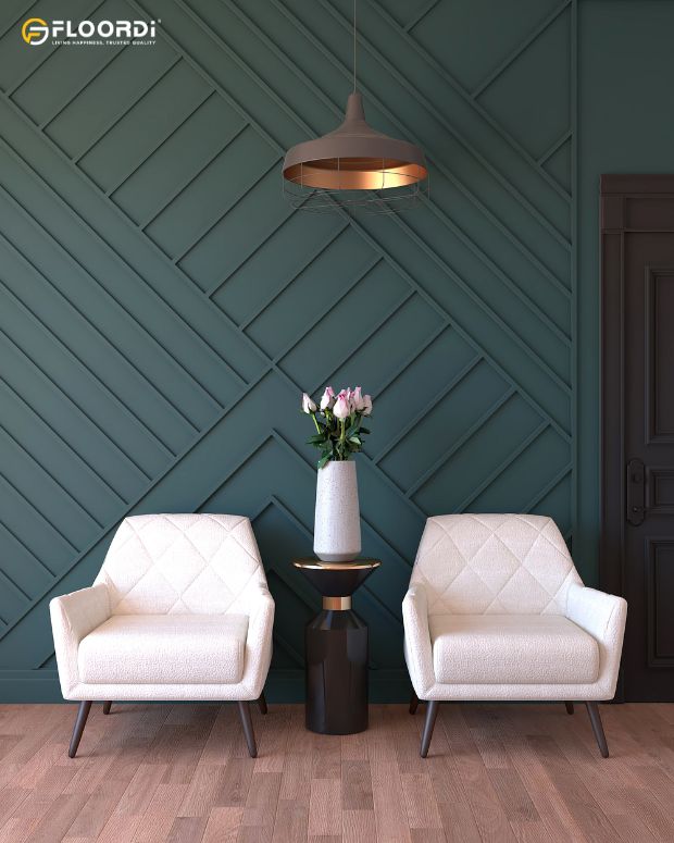 A geometric wood trim pattern turns this accent wall into a unique and dynamic piece of built-in art