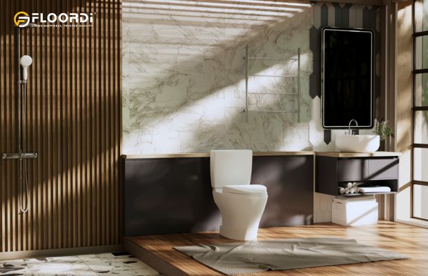 Fluted wood panels in a bathroom shower showcasing the elegant play of light and shadow