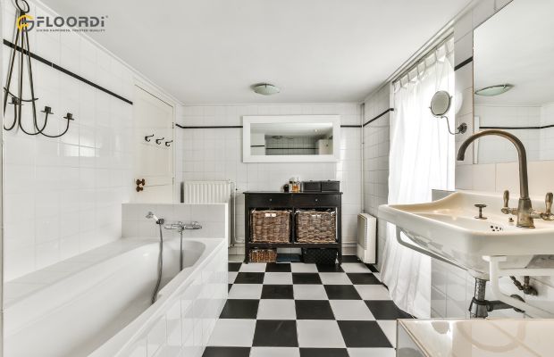 black white geometric vinyl bathroom flooring