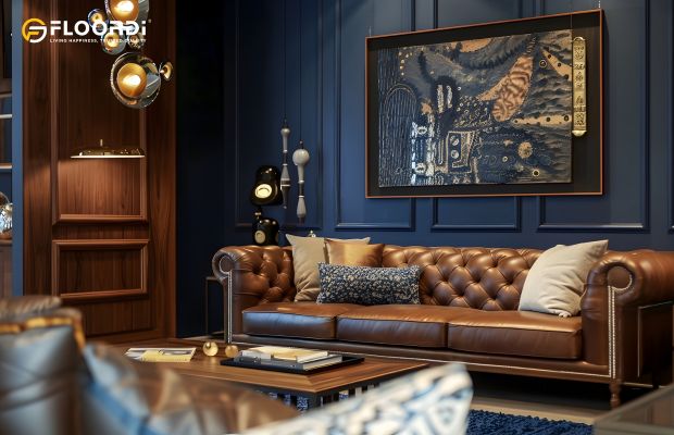 A glamorous Art Deco living room featuring a dramatic wood panel accent wall painted a deep sapphire blue