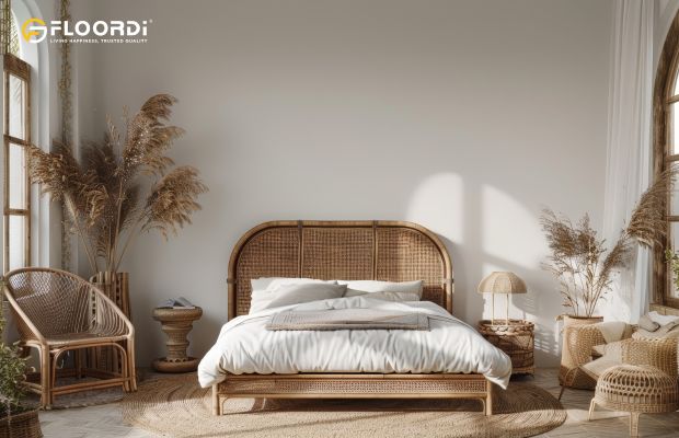 A rattan and cane headboard with a graceful arch, embodying the relaxed, airy design of Bohemian style