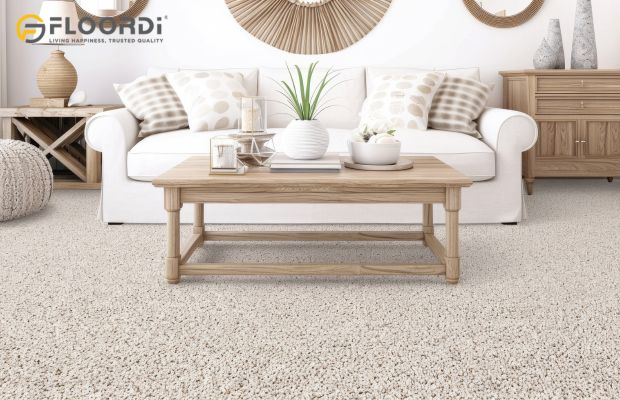 Beige carpet flooring in bright cozy living room