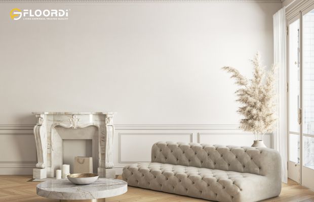 An elegant living room featuring classic white wainscoting for a touch of timeless, traditional charm