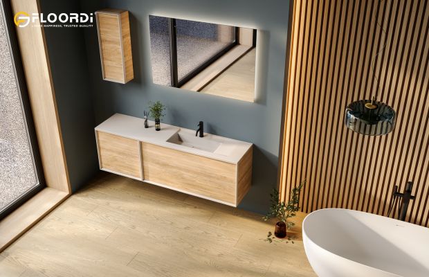 A cohesive bathroom design featuring Avolis wood-look vinyl flooring and Walldi vertical slat wall panel