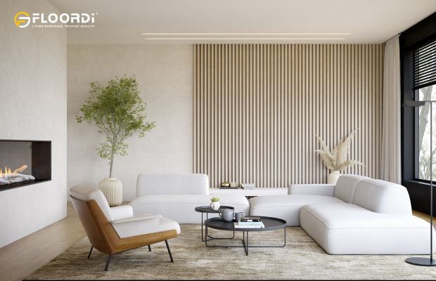 Floor-to-ceiling vertical slat paneling creates a dramatic and immersive effect in this bright living room