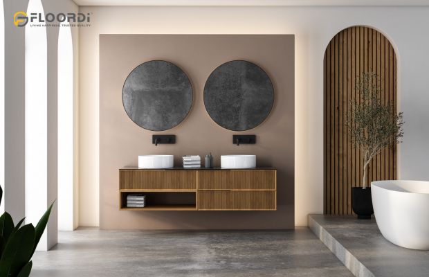 A fluted wood vanity creates a stunning feature wall in a modern, spa-inspired bathroom