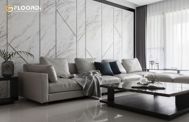 An asymmetrical geometric pattern on this feature wall adds a sense of drama and movement to the space