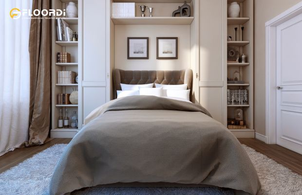 A custom pier wall system with integrated bookshelves and cabinets frames the bed to maximize storage
