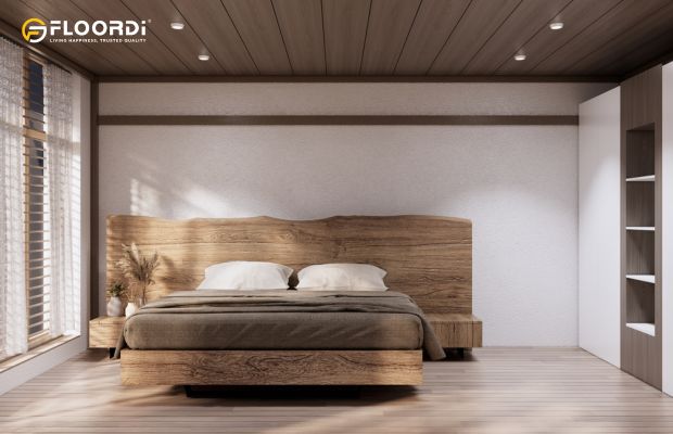 A rustic bedroom where a large, live-edge wood headboard celebrates the beauty of natural, raw materials