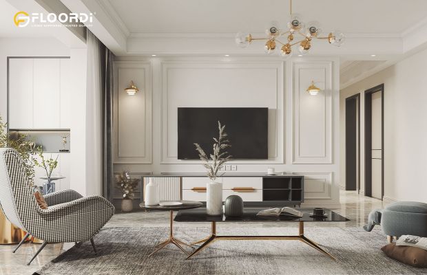 An elegant picture frame moulding accent wall serves as a focal point behind the media console in this living room