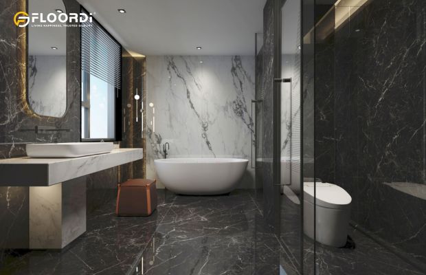A luxurious bathroom featuring marble-effect waterproof wall panels