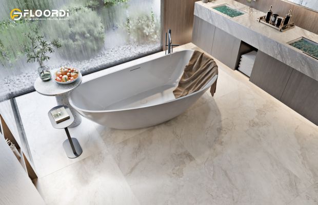 Marble-look luxury vinyl tile provides the high-end appearance of natural marble