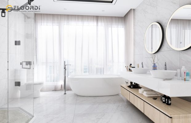 A minimalist bathroom using light-colored panels to visually expand the space