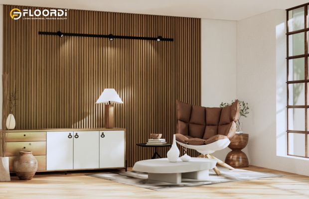 Vertical wood slats, a premier choice for modern design, add warmth and texture to this minimalist accent wall