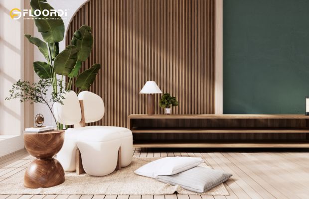 Clean, linear wood slats create a stunning feature wall in a modern, minimalist living room