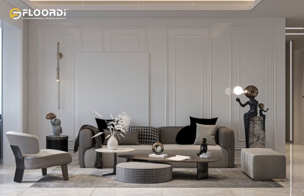 Painted MDF panelling with a flawless, smooth finish creates a seamless accent wall in this elegant living room