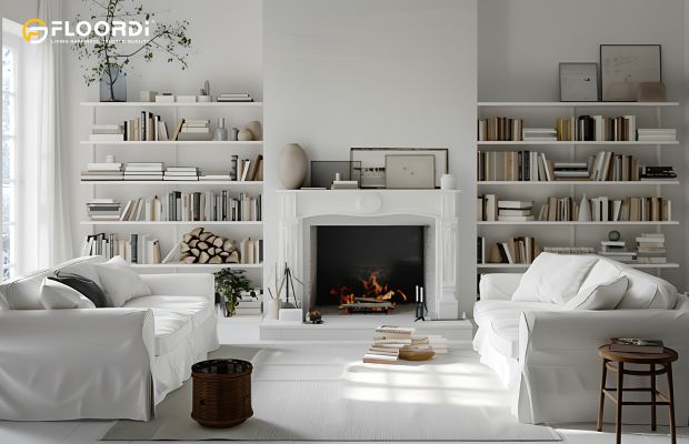 A living room where the alcoves on either side of a chimney breast have been transformed with built-in shelving