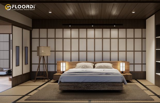 A serene, Japanese-style bedroom featuring a Shoji screen wall behind a low wooden bed and tatami mat flooring