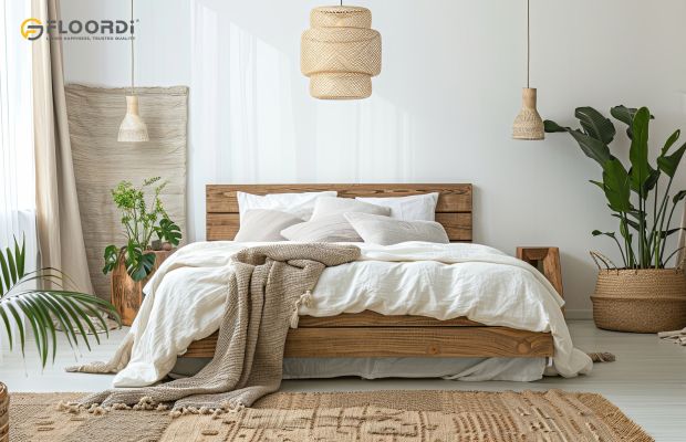 A simple, light-toned wood headboard and layers of cozy bedding create a Hygge-inspired Scandinavian bedroom