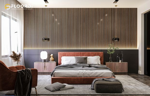 A modern bedroom with a Walldi acoustic wood slat wall headboard