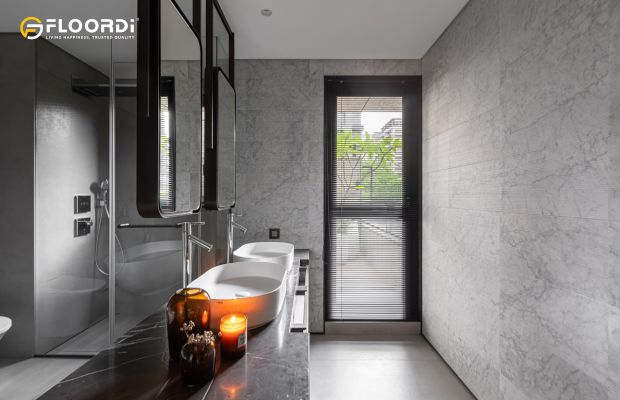 Stone-look panels creating a serene and luxurious bathroom escape