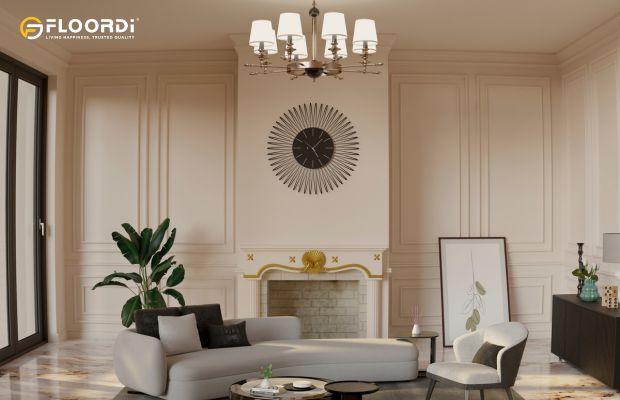 A classic board and batten wall adds depth and character to this elegant, traditional living room