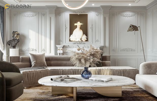 Intricate picture frame moulding, the quintessential choice for this style, adds architectural formality to the living room