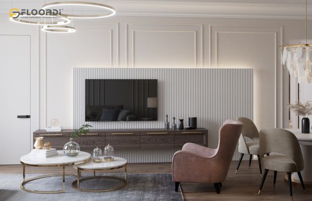 Modern slat wood panelling, a top choice for media walls, creates a sleek, textured backdrop for the television