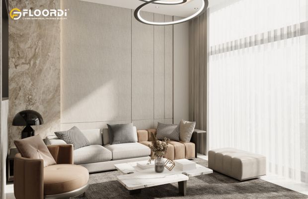 A sophisticated living room accent wall featuring tall, upholstered fabric panels that add a soft, luxurious texture