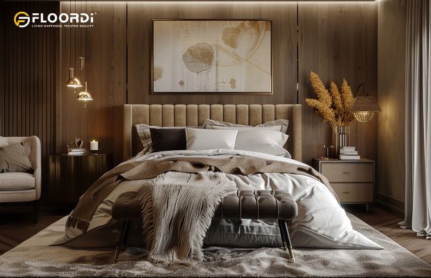 A glamorous bedroom featuring a tall, upholstered headboard with vertical channel tufting, a hallmark of Art Deco style