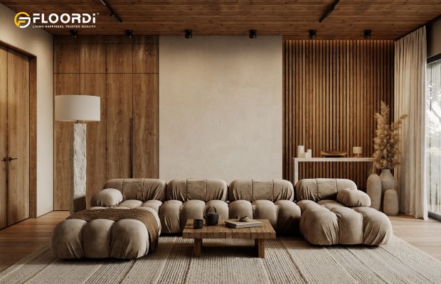 A Mid-Century Modern living room featuring a warm, vertical walnut slat accent wall