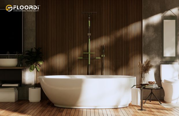 A vertical slat wall behind a freestanding tub helps transform this bathroom into a warm, spa-like retreat