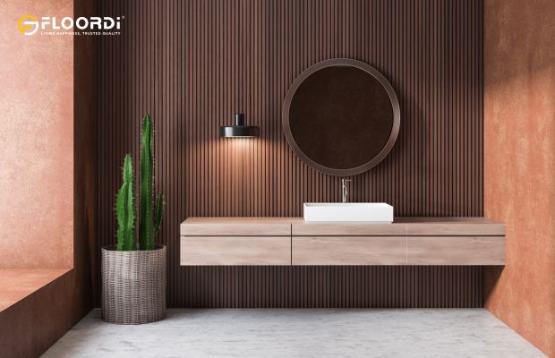 A bathroom feature wall using Walldi wood slat panels for a warm, organic feel
