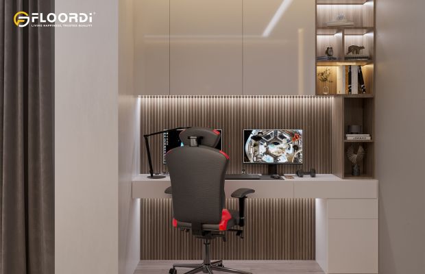 This home office uses an acoustic wood slat wall to create a zone of focus and improve call clarity