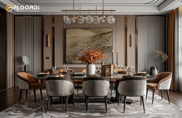 Ornate picture frame moulding is used to create a high-end, neoclassical look on this dining room accent wall