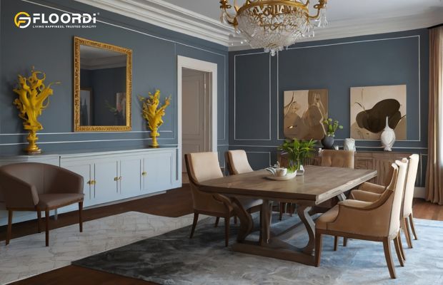 This traditional dining room uses the 'color drenching' technique, with the walls and paneling painted a single, immersive color to emphasize texture