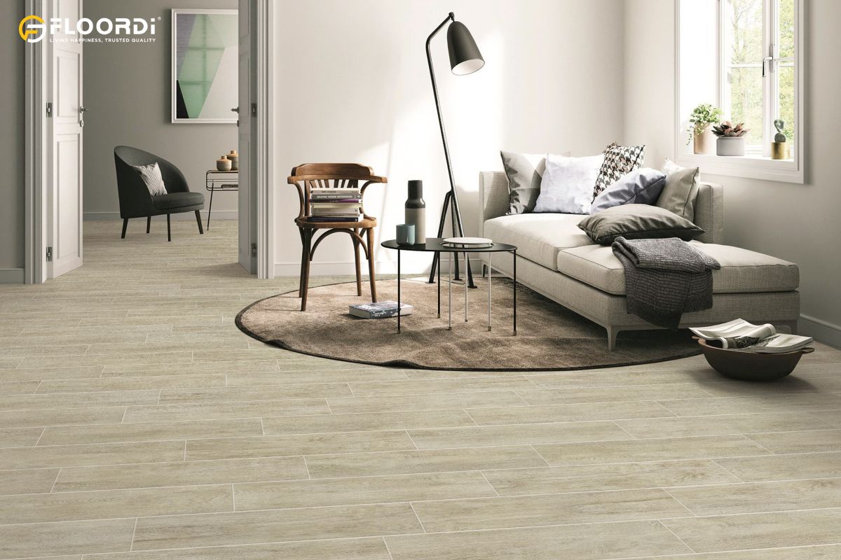 Greige vinyl plank flooring creating a warm, elegant neutral look in a modern living room