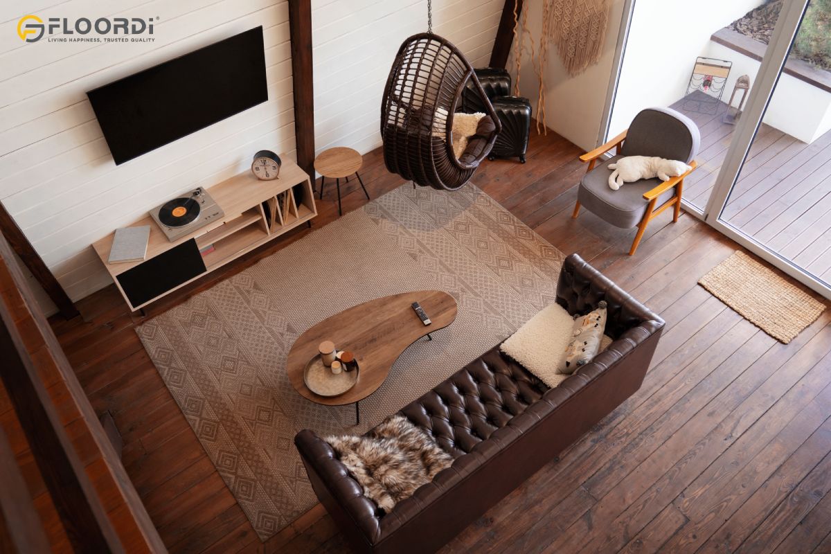 Rustic high-variation vinyl flooring with warm brown wood tones