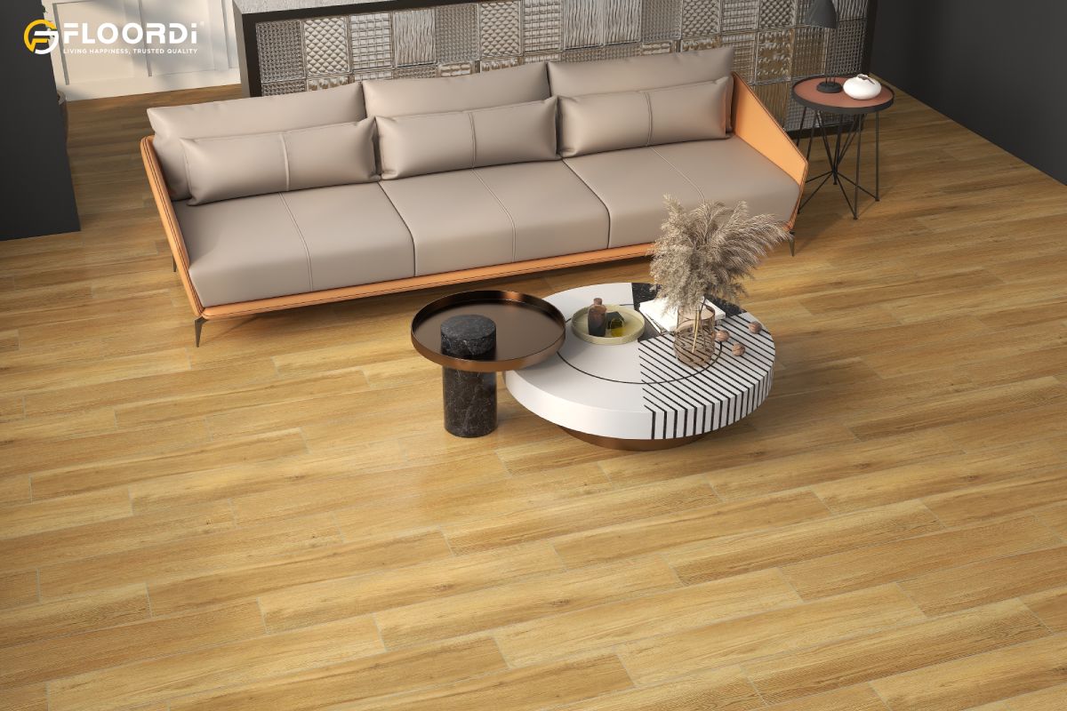 Honey oak vinyl flooring with warm golden tones in a modern living room