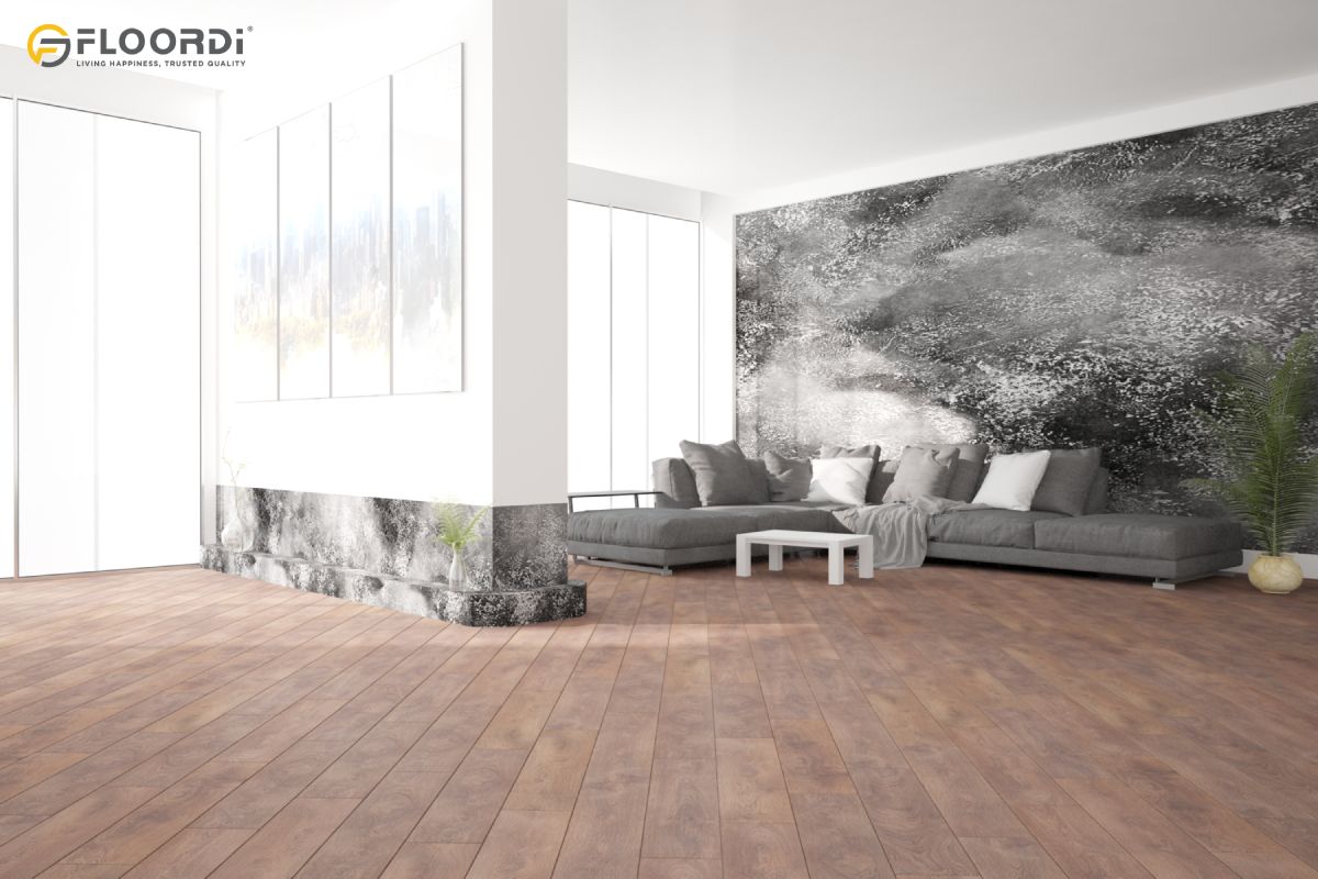 Matte brown vinyl flooring with soft, natural tones in a modern living room
