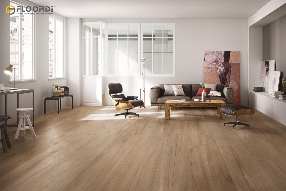 Natural blonde oak flooring in a bright, minimal living room