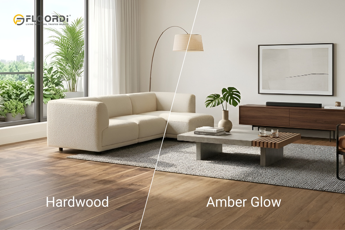 Comparison of Amber Glow vinyl flooring and real hardwood texture